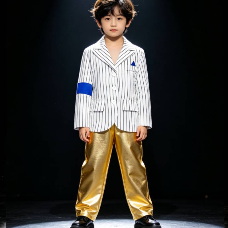 Childrens Michael Jackson Costume With Striped Trousers And Gold Fabric For Stage Performance