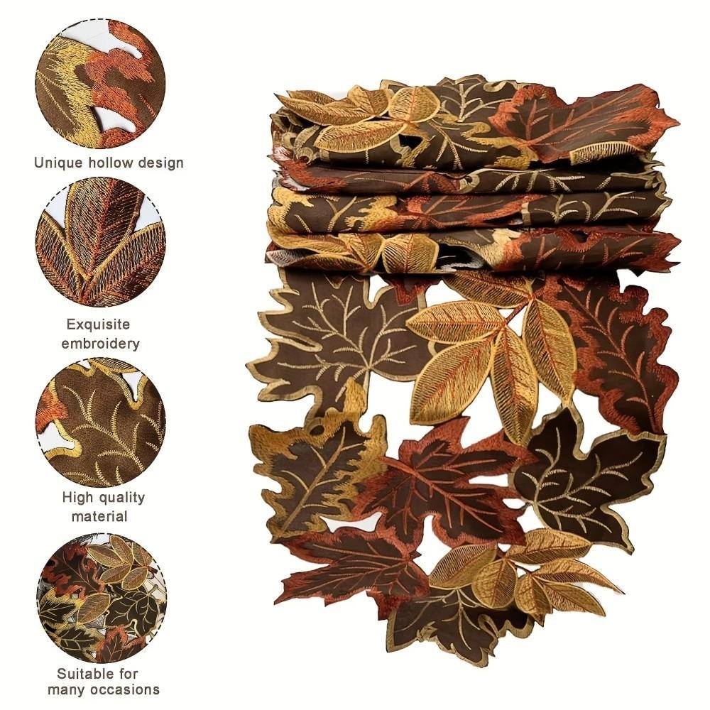 Brown Maple Design Maple Leaf Table Runner Autumn Colors Harvest Theme Table Cloth Flocked Texture Embroidered Table Runner