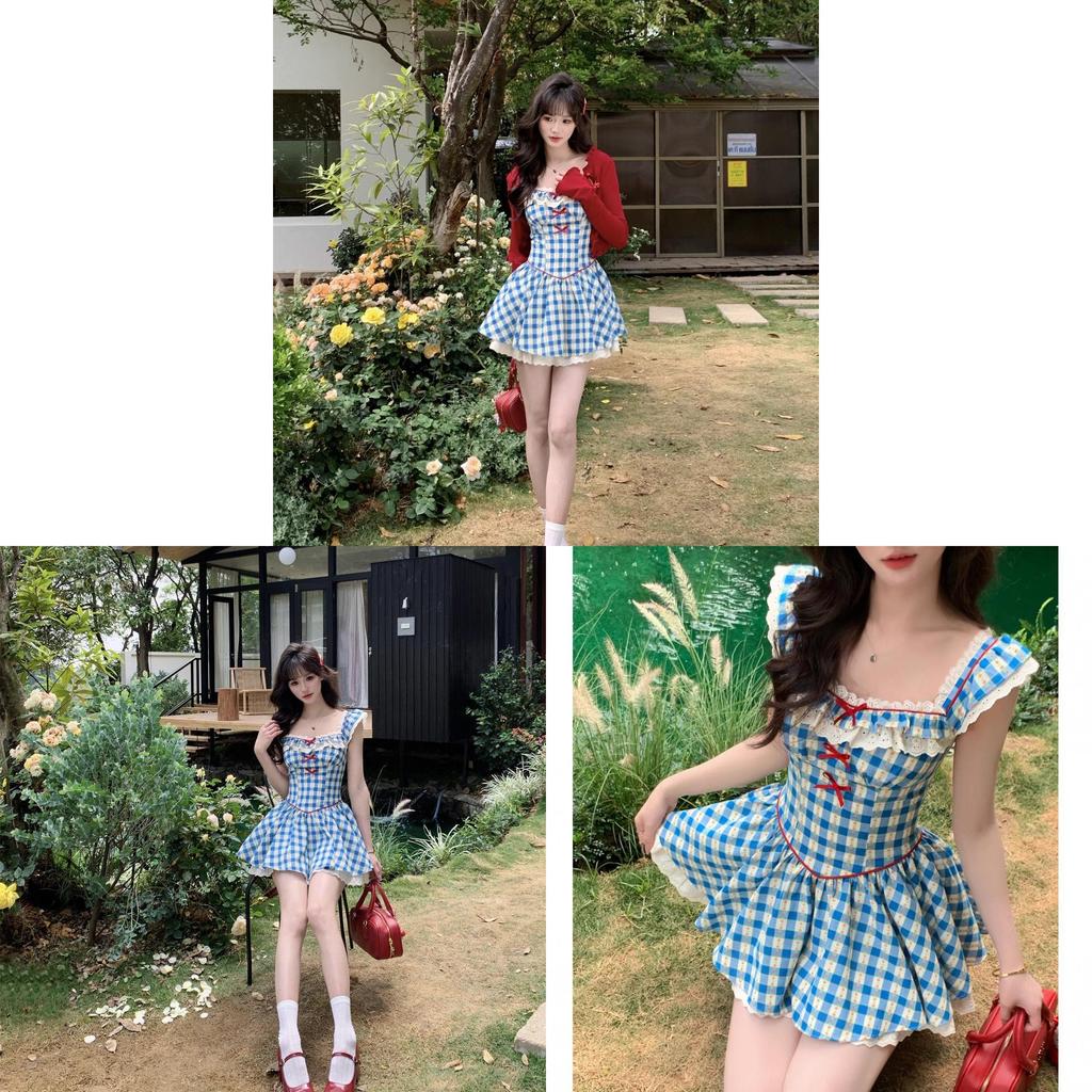 French Vintage Blue Plaid Short Dress With Bow Pattern For Summer Fashion Womens Casual Wear