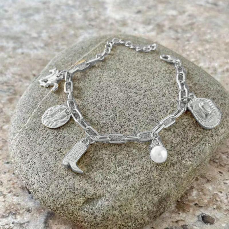 Hegaze 1pc Vintage Faux Pearl Geometric Decor Pendant Bracelet