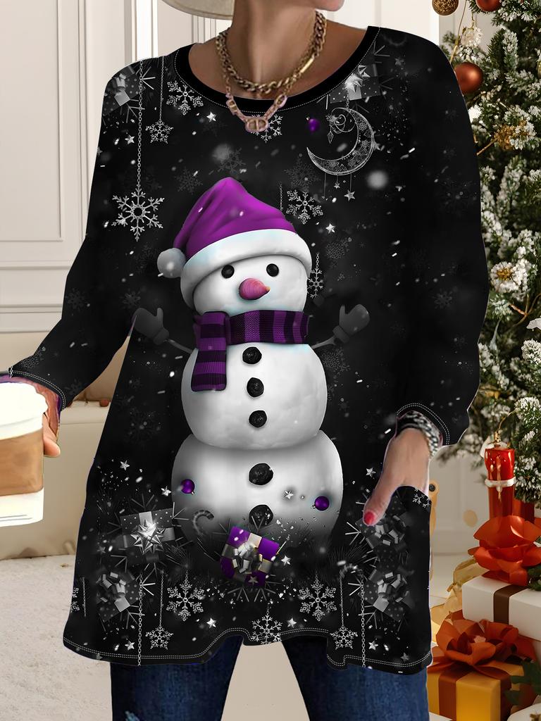 2025 Autumn Winter New Plus Size Women's Tops, Christmas 3D Print Fashion Crew Neck Long Sleeve T-Shirts