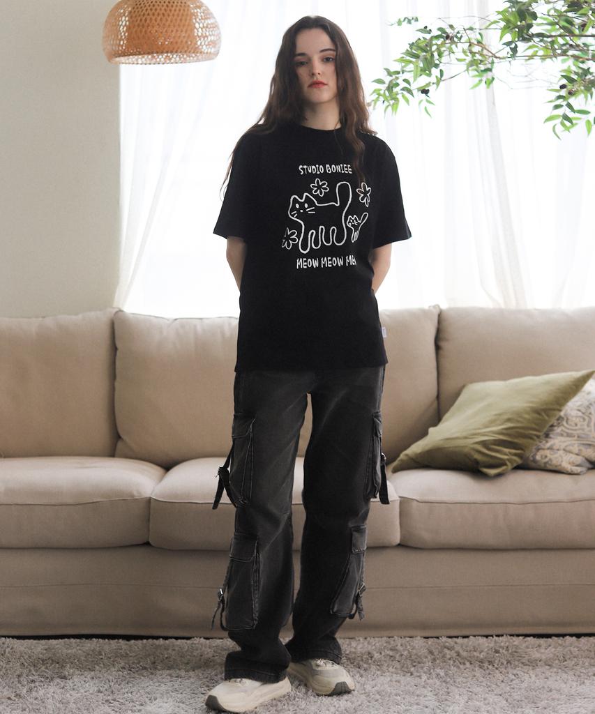BONIEE Meow Cat Kitten Graphic Loose Oversized T-Shirt Black