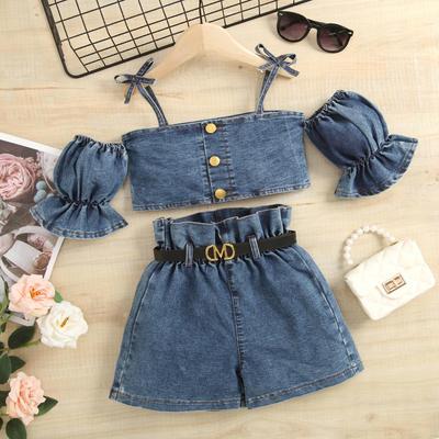Conjunto de Moda para Niñas, Top Casual de Verano con Tirantes, Pantalones Cortos de Cintura Alta con Cinturón