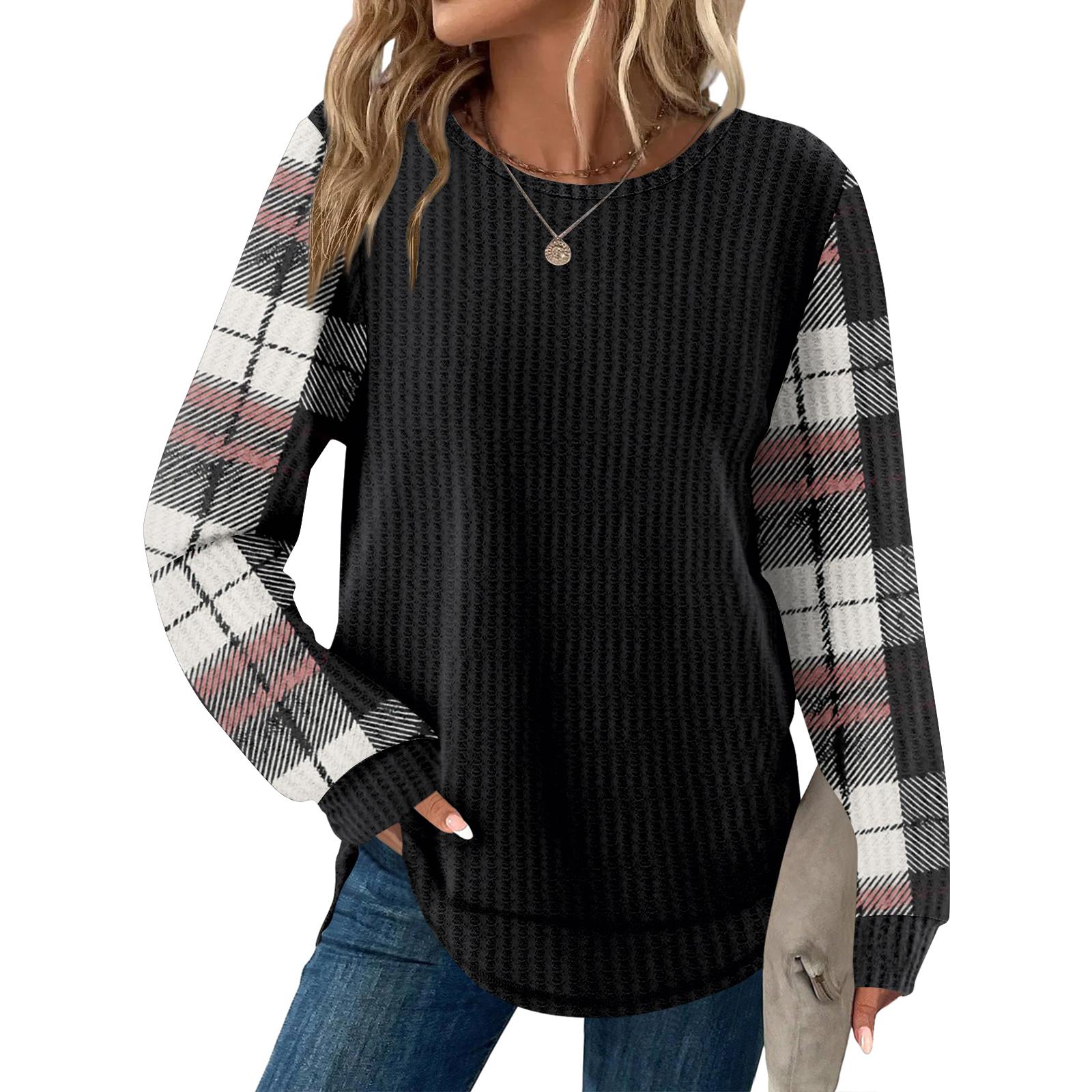 Women s Plaid Print Round Neck Long Sleeve Casual Loose Top L