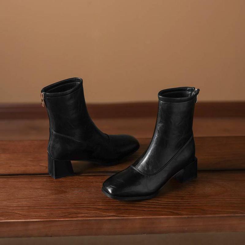 New Medium Heel Women's Medium Boots Solid Color Square Head Fashion Boots Women's Rear Zipper Large Size Women's Boots Korean Version Comf