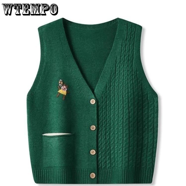 Vintage Fried Dough Twists V-neck Knitted Vest for Women Spring Autumn Hand Embroidered Vest