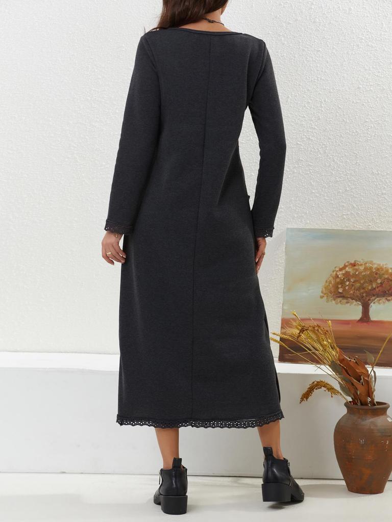 2023 Autumn Loose Plus Size Knit Lace Long Fleece Sweatshirt Dress
