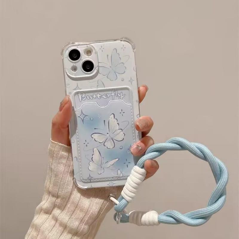 Butterfly Card Holder Pocket With Lanyard Case For Samsung Galaxy S25 Edge S23 S24 S25 Ultra S22 S21 Plus S20 FE Cover Cute Soft