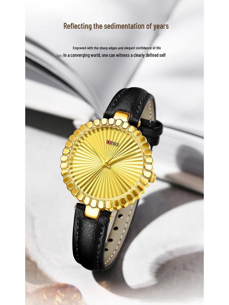 Oufanni Women's Sunburst Quartz Watch with Cowhide Strap – Waterproof, Fan-Shaped Versatile Design, Model 1643.