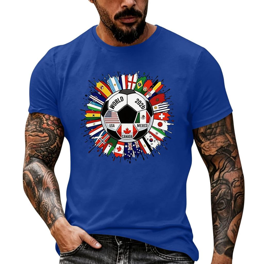 Men's Basic Crew Neck Short Sleeve T Shirt Loose Fit Casual Summer Top Soccer Ball and International Flags Graphic Print