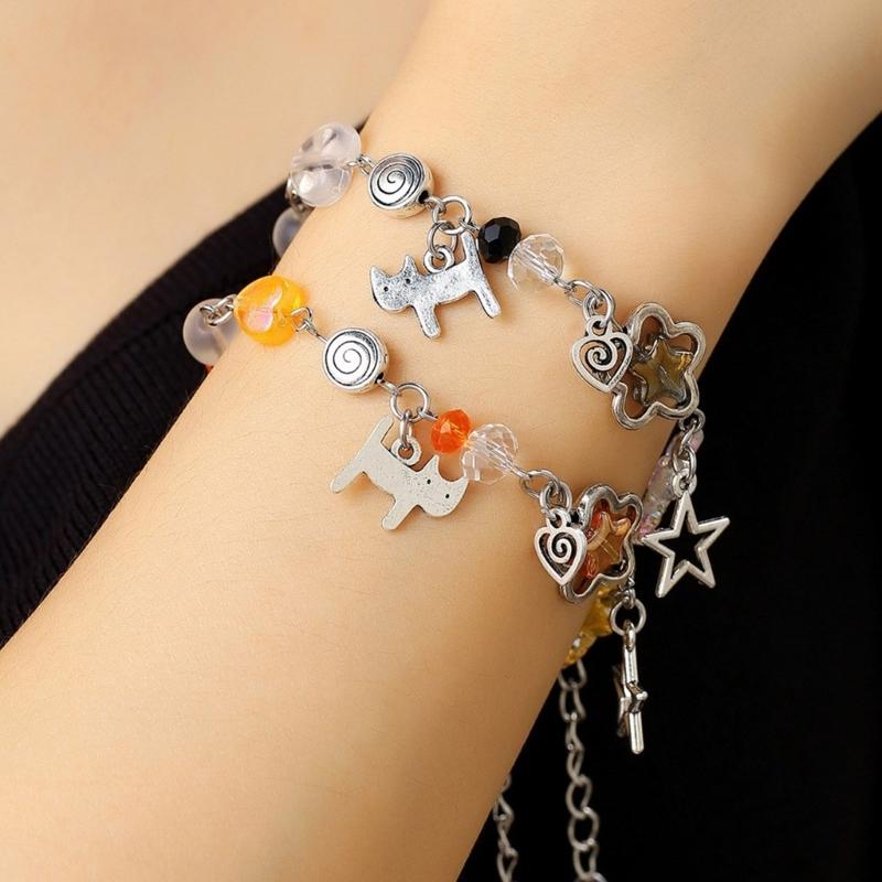 Punk Bracelet Hollow Out Star Moon Charm Bracelet Beaded Bracelet Adjustable Chain Bracelet Alloy Texture for Daily