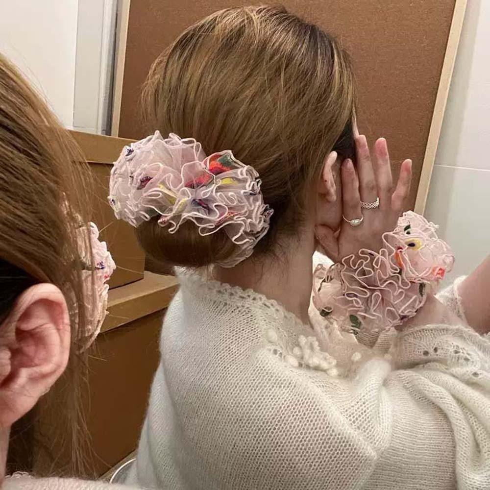 Large Intestine Circle Embroidered Mesh Scrunchie Elastic Bun Rubber Bands Floral Hair Rope  Women