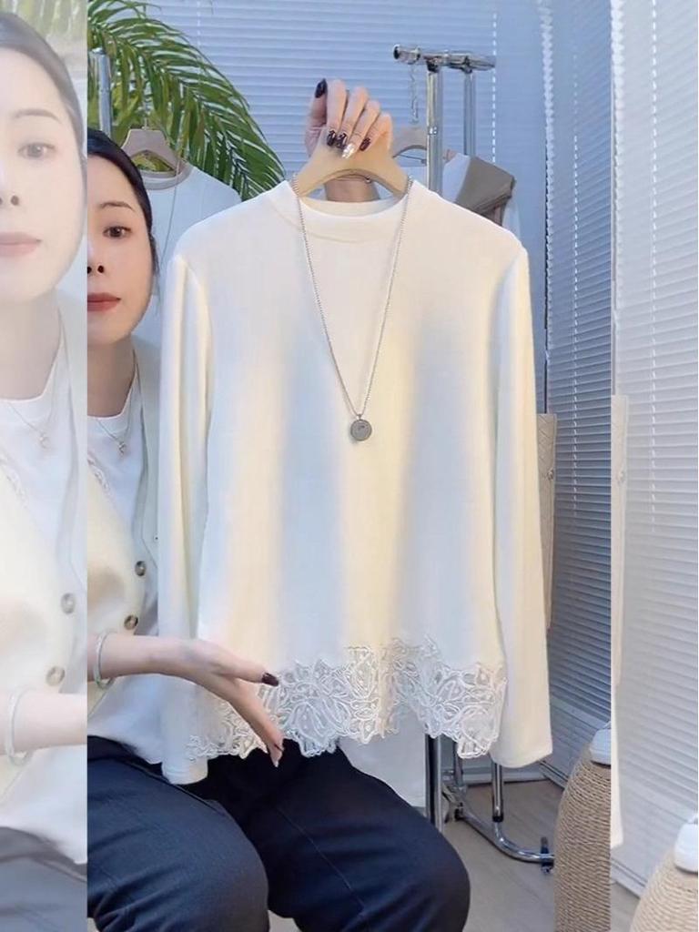 Elegant French Style Patchwork Lace Trim Thermal Top - Round Neck, Long Sleeve (2025 Autumn/Winter Collection)