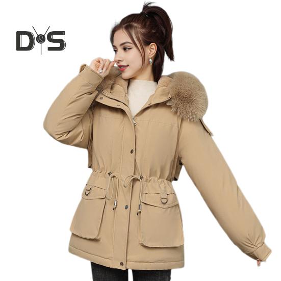 Women Winter Coat Thick Plush Furry Hooded Long Sleeves Pockets Drawstring Waist Zip-up Windproof Mid Length Overcoat Outdoor Outwear