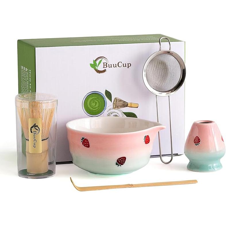 Matcha Set, Matcha Bowl with Spout, Matcha Whisk and Holder, Bamboo matcha Scoop and Stainless Sifter - 5 Pcs Jade Green Matcha Set Kit for Matcha розовый зеленый