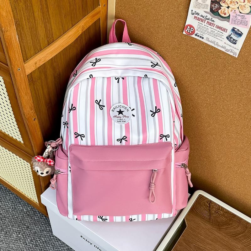 New high-value, fresh and sweet bow striped backpack, color contrast and lightweight backpack for junior high school students