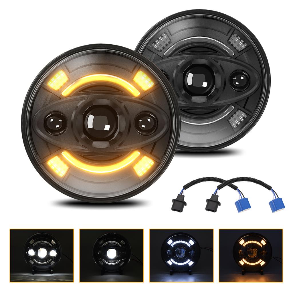 7 Inch Car LED Headlights, Round Lights with White High Low Beam DRL and Amber Turn Signal