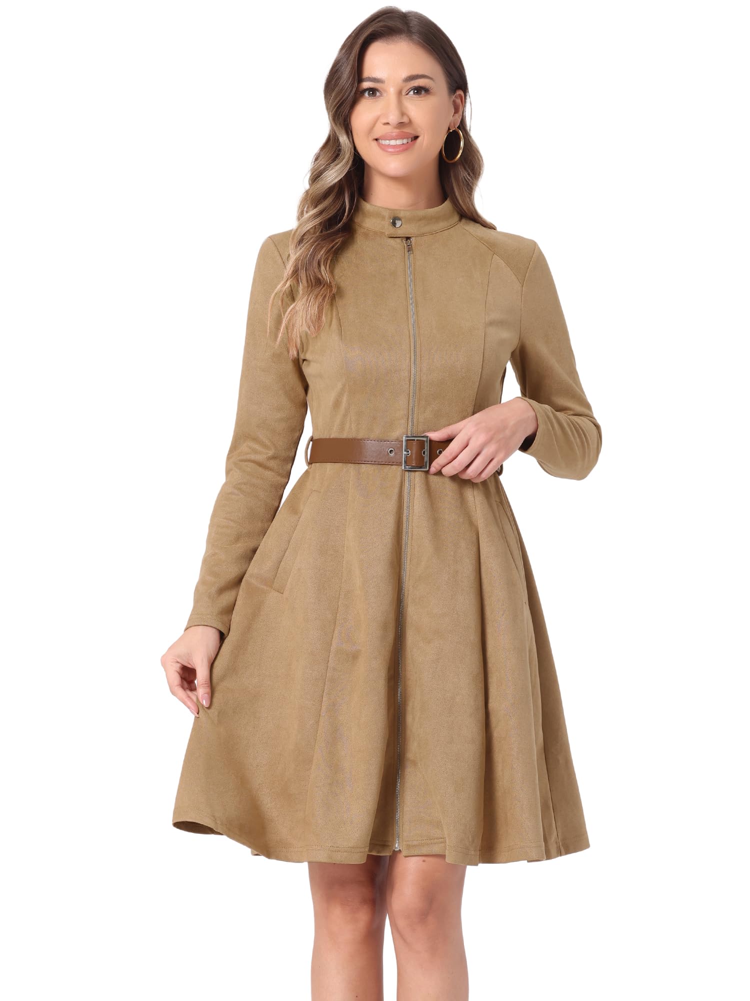

Allegra K Women s Khaki XL Long Sleeve Dress with Faux Suede Stand Collar and Belt for Weddings, Funerals, and Special Occasions