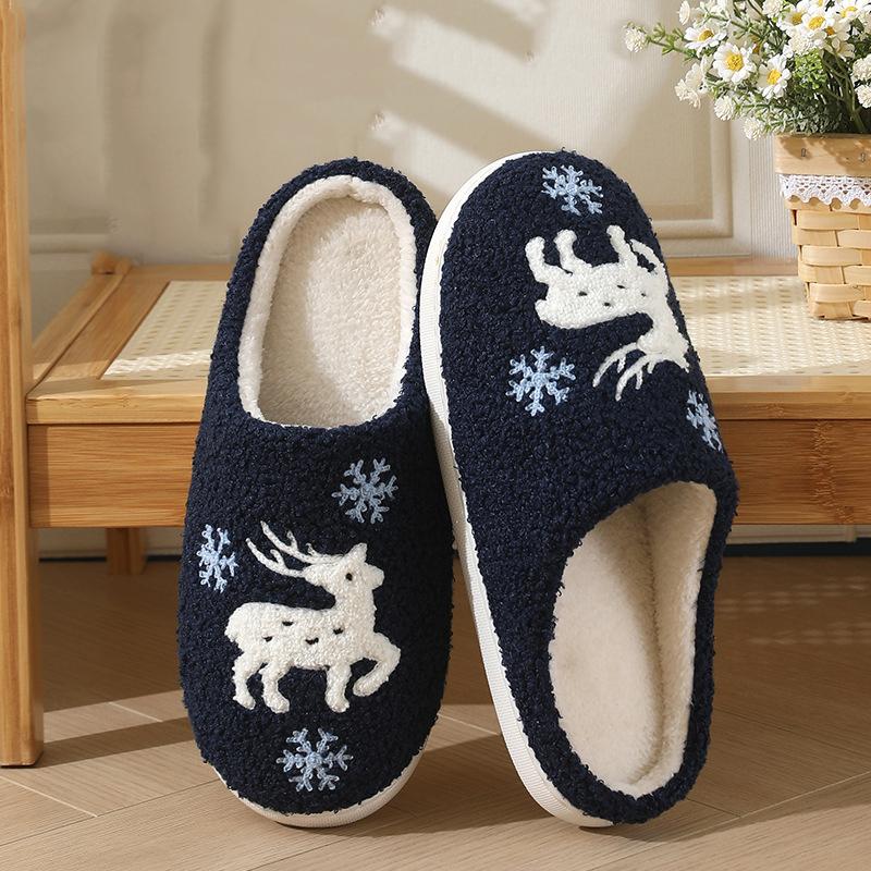 Fashion Cartoon Moose Cute Plush Indoor Slippers Women 2025 Winter Warm Fluffy Fur Couple's Christmas Slippers Soft Flat Heel Slides
