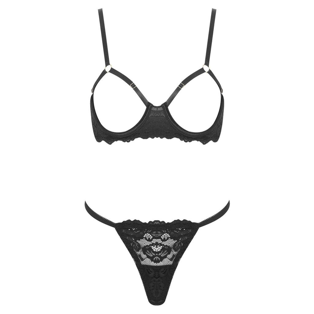 Womens Floral Lace Bra Set Opening Cup Underwire Push Up Top T Back Thong Panties Honeymoon Lingerie