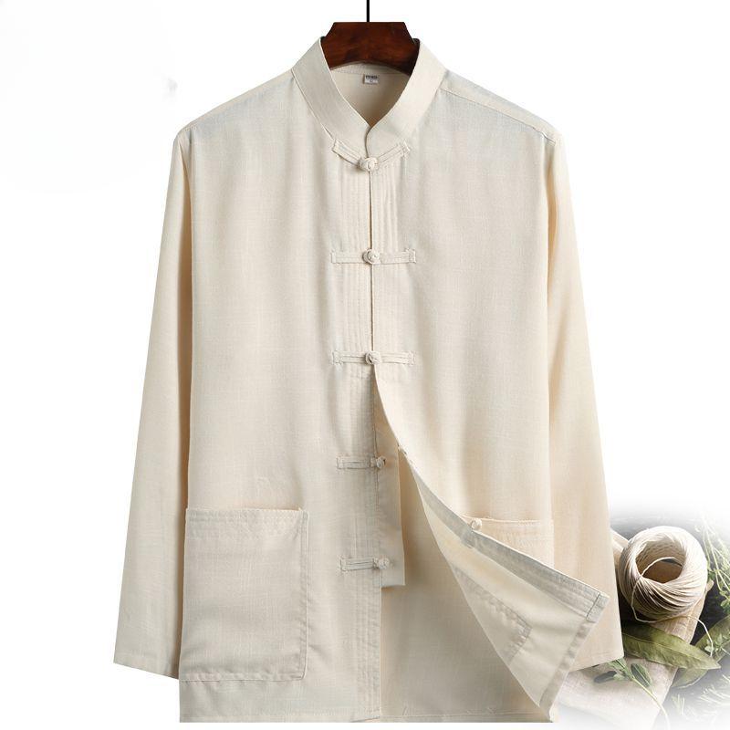 

Китайский стиль Весенний костюм Тан Мужская китайская тонкая льняная рубашка с длинными рукавами Мужской топ из хлопка и льна для папы S бежевый
