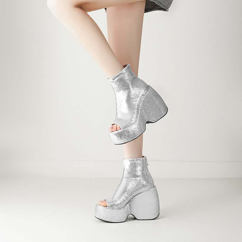 Krazing Pot Sequin Cloth Spring Summer Size 43 Size 42 Women Platform Women Peep Toe Toe Sexy Summer Boots Zipper Thick Bottom Pumps
