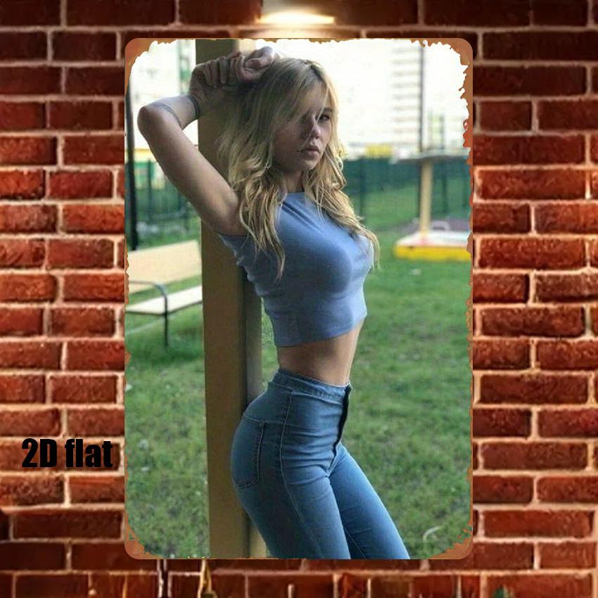 Hisun Tin Sign Stylish Busty Blonde Model in Blue Crop Top Skinny Jeans Posing Outdoors Vintage Metal Tin Sign Retro Iron Painting Wall Art
