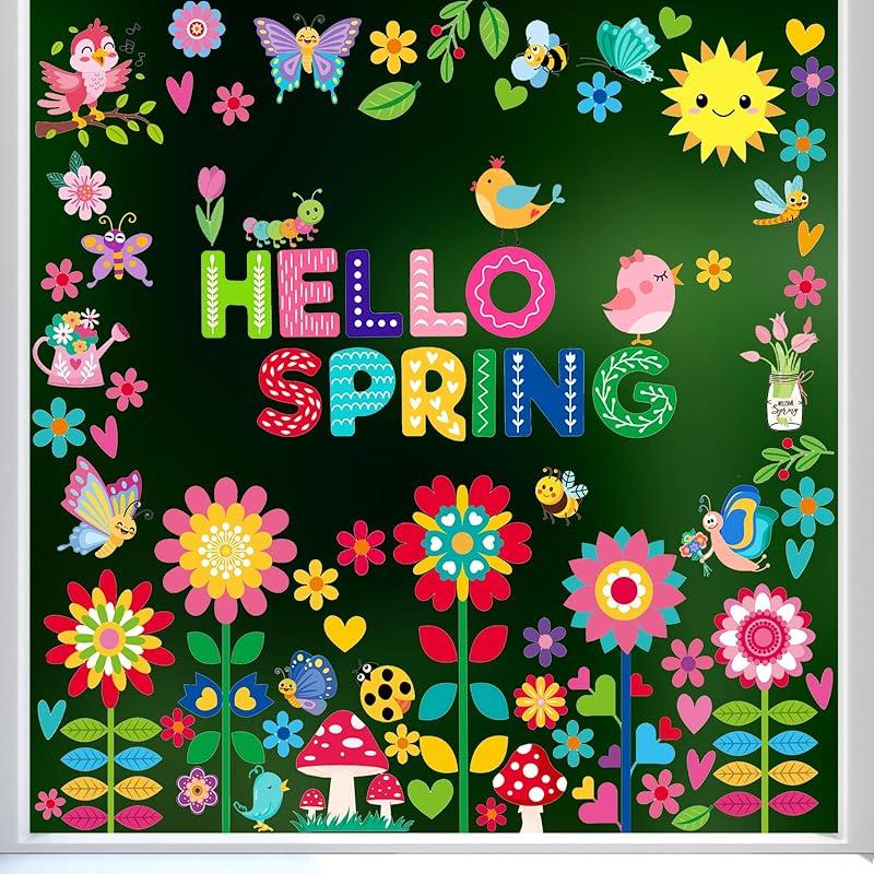 Hello Spring Window Clings, Removable Butterfly Flower Window Stickers Double Sided Easter Wall Decals for Kids Toddlers Home Classroom Office Glass Spring Clings