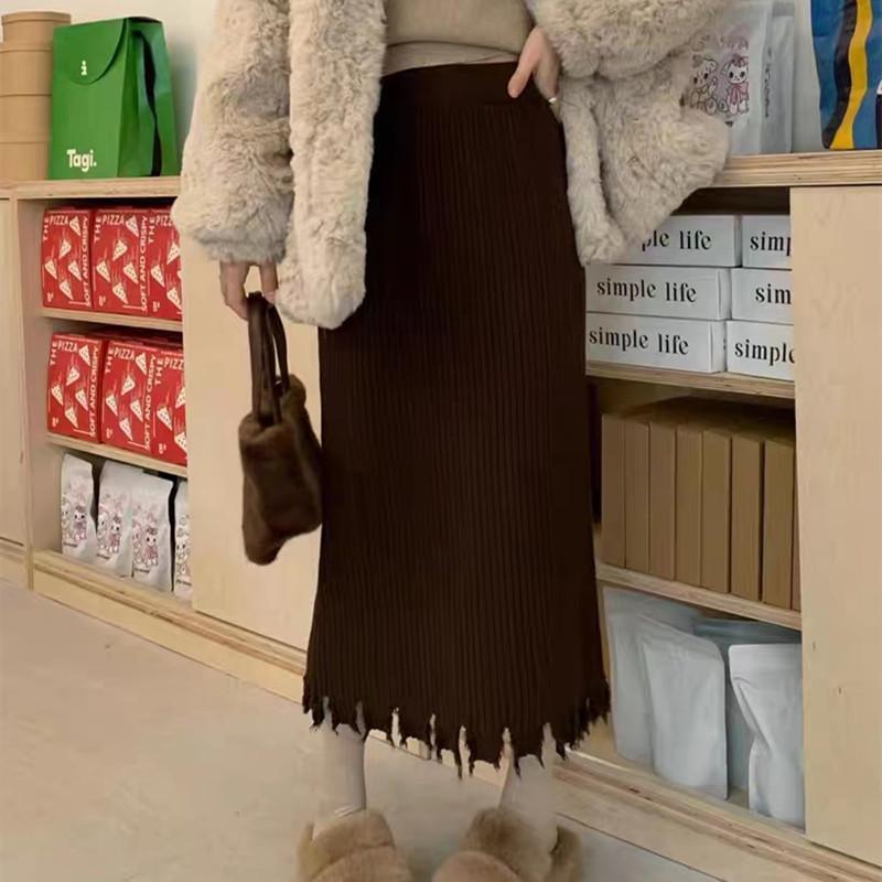 Thickened High Waisted Knitted Skirt for Women In Winter Slim and Medium Long Straight Leg Skirt