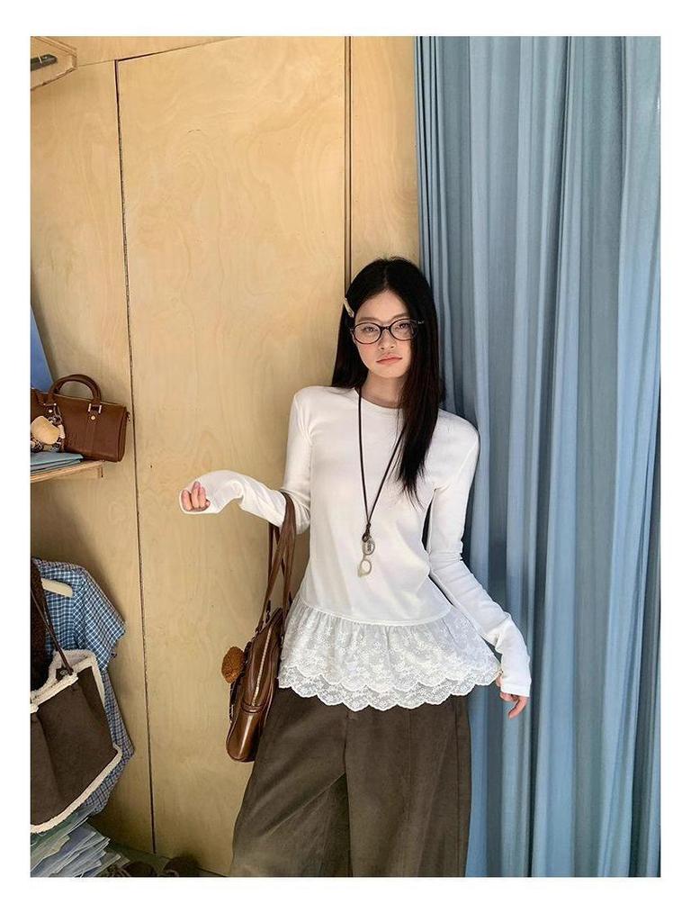 Korean Lace Thermal Slim-Fit Women's Long-Sleeve T-shirt, Autumn/Winter 2025 Style