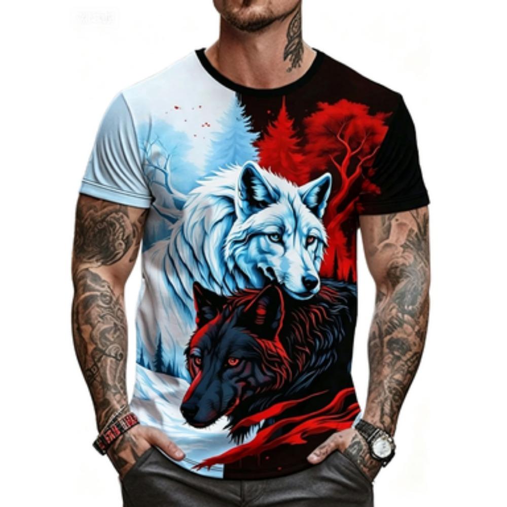 Fashionable Summer Men s Domineering Wolf Print Pattern Breathable Round Neck T-shirt Outdoor High Street Casual M