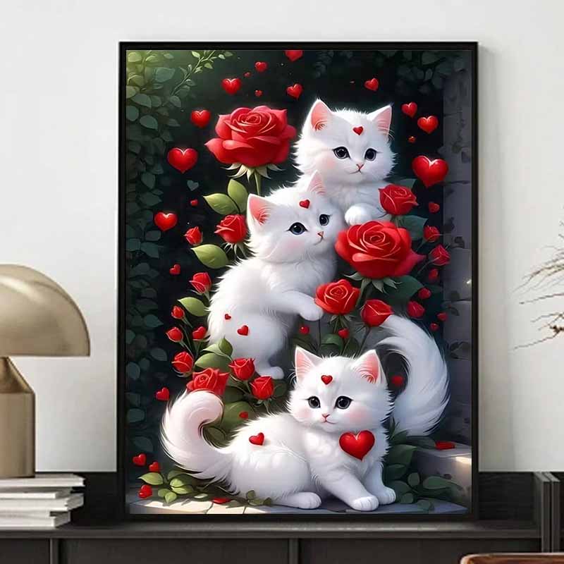 White Cat and Flowers Diamond Painting Set, 5D DIY Full Diamond Gemstone Cross-stitch Painting, Decorative Wall Mural Ornaments