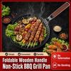 Wooden Handle BBQ Grilling Pan Folding Barbecue Plate Outdoor Grill Topper  Kitchen Roasting