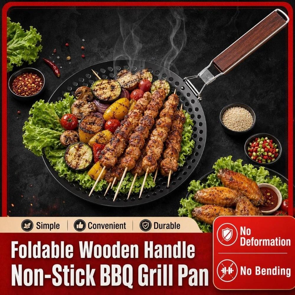 Wooden Handle BBQ Grilling Pan Folding Barbecue Plate Outdoor Grill Topper Kitchen Roasting
