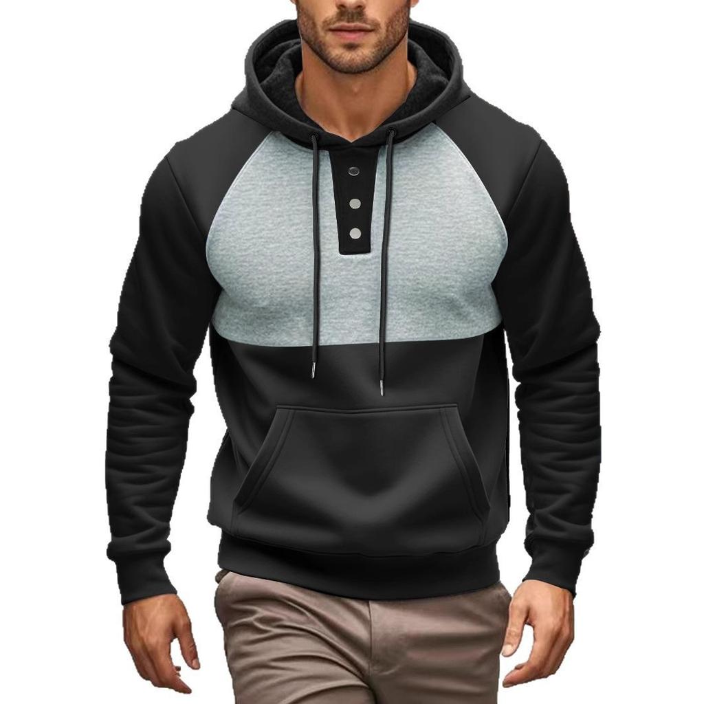 New Casual Men's Hooded Sweatshirt Contrasting Color Splicing Plus Velvet Pullover Handsome Top