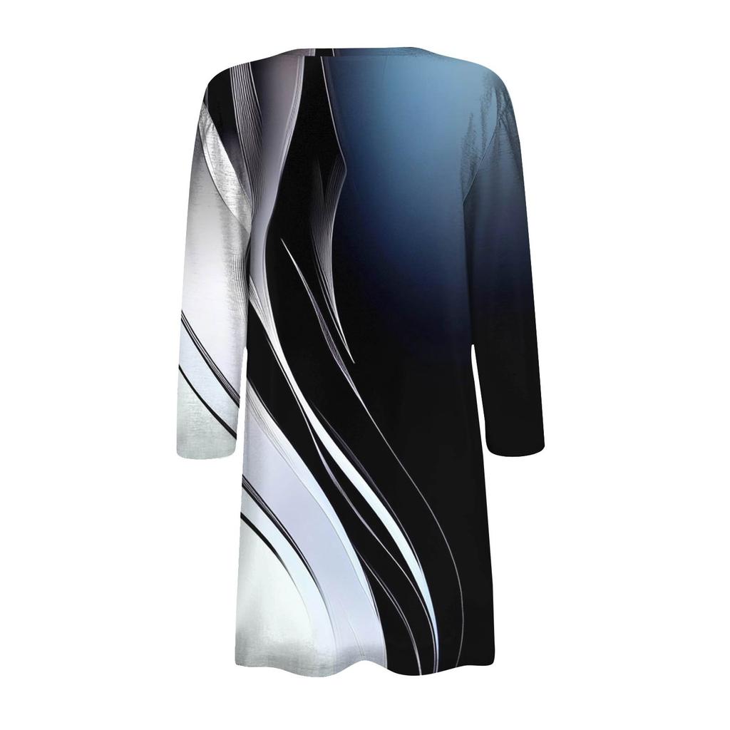 Women's Fashion Loose Casual Pocket Printed Cardigan Seven Sleeve Jacket Top