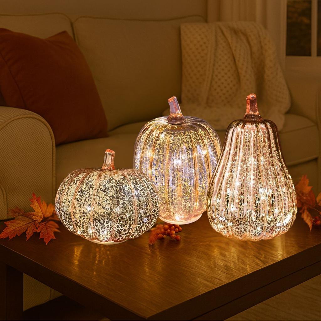 Rose gold glass pumpkin lantern Halloween Decor for Tables Centerpiec Lighted Collectible Thanksgiving Autumn Harvest Figurine