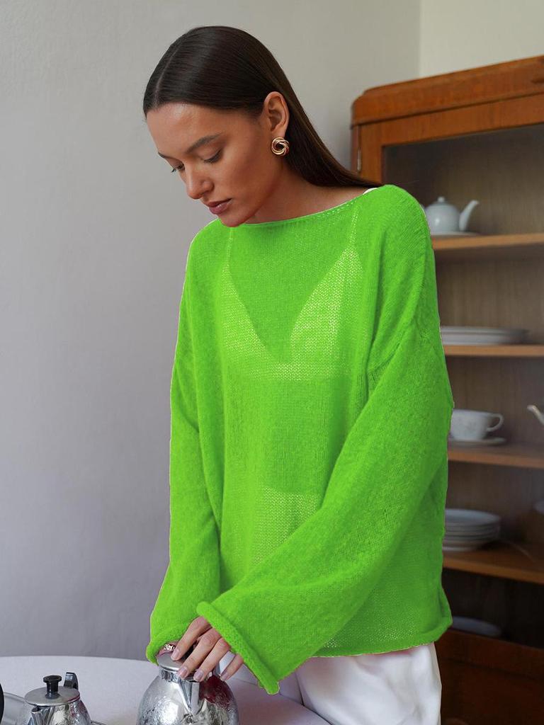 "2025 Spring/Summer Women's Sheer Knit Sweater: European and American Style, Trumpet Sleeves, Round Neck"