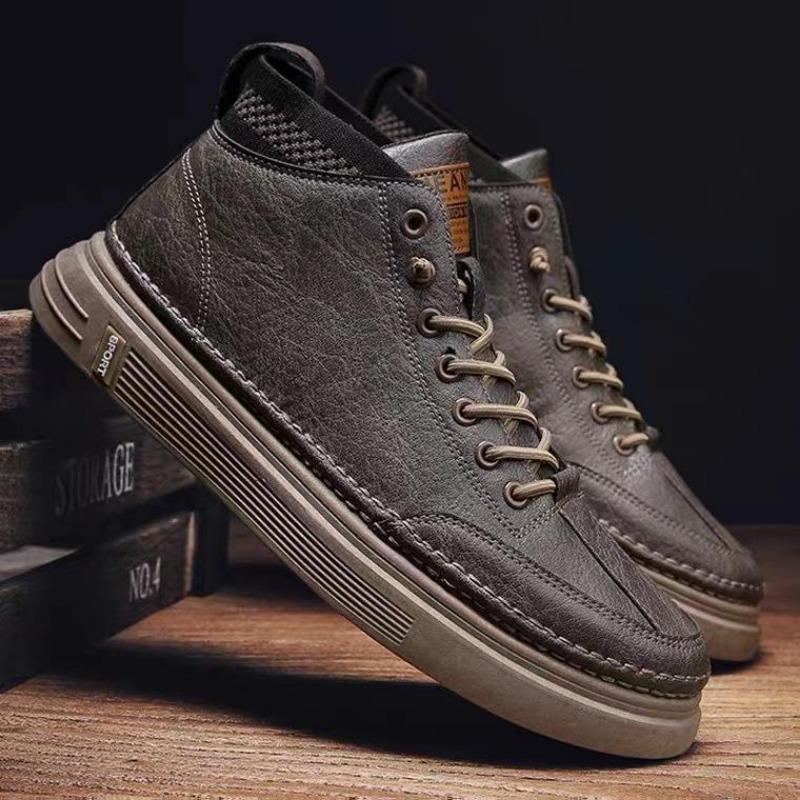 

Новая мужская обувь весна и осень плоская подошва модная универсальная средняя и высокая посадка повседневная кожаная обувь 44 коричневый