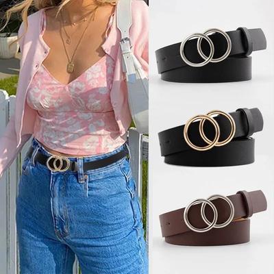 Silber Gold Doppelring Gürtel für Jeans Damen Mädchen Mode Taillengürtel PU Metallschnalle Gürtel Freizeitkleid Jeans Wild Taillenband