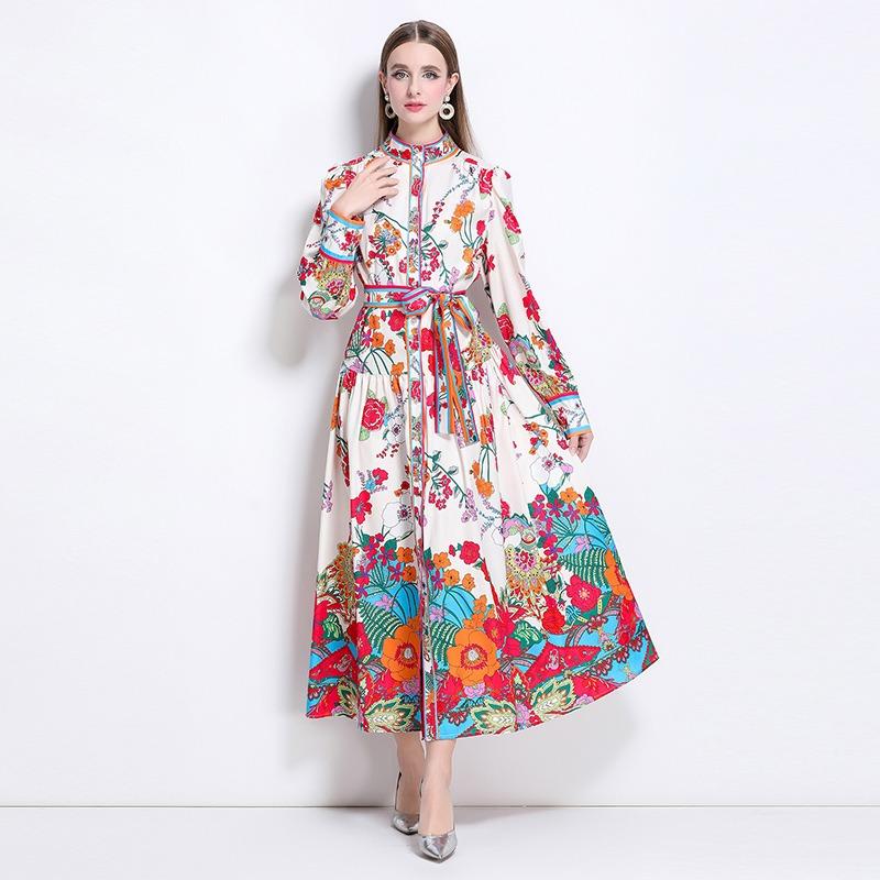 Spring Autumn Women Plus Size Print Designer Runway Dress Oversized Loose Single Breasted Long Maxi Lace-up Holiday Beach Dress
