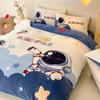 Cartoon Style Thickened Milk Fleece Four-Piece Set, Astronaut Coral Fleece Quilt Cover, Children'S Bed Three-Piece Set