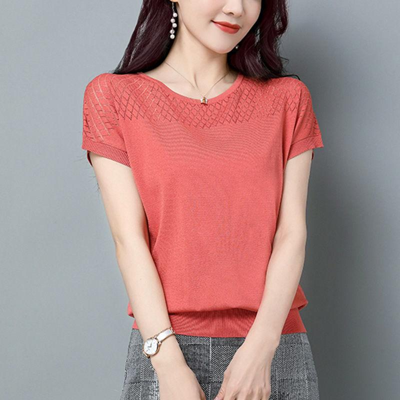 Dámské duté tričko s krátkým rukávem pro matky, tenký top, letní volný svetr z ledového hedvábí