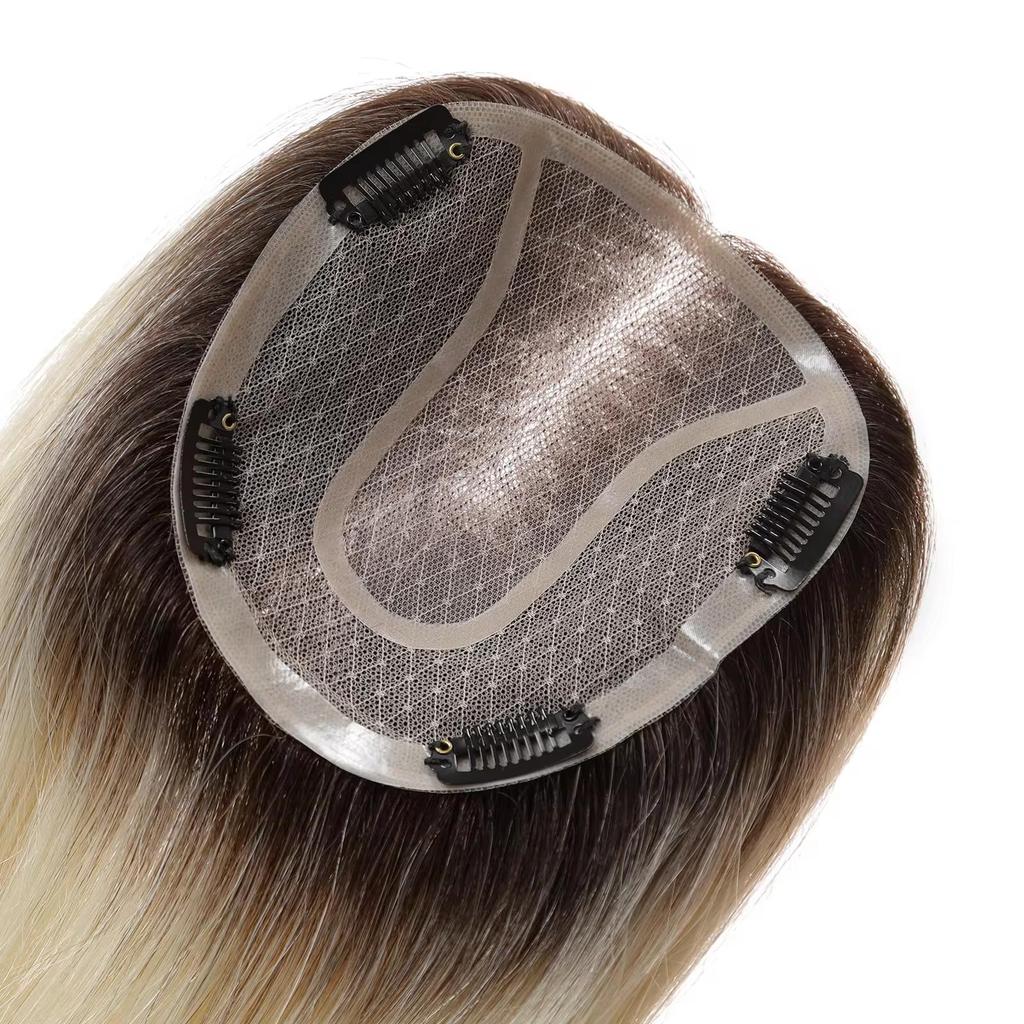 HAIRCUBE Light Blonde 14 Inch Human Hair Toppers with Dark Roots for Women 4 Clips Pieces with Thinning Hair In Mono Lace Base Toppers