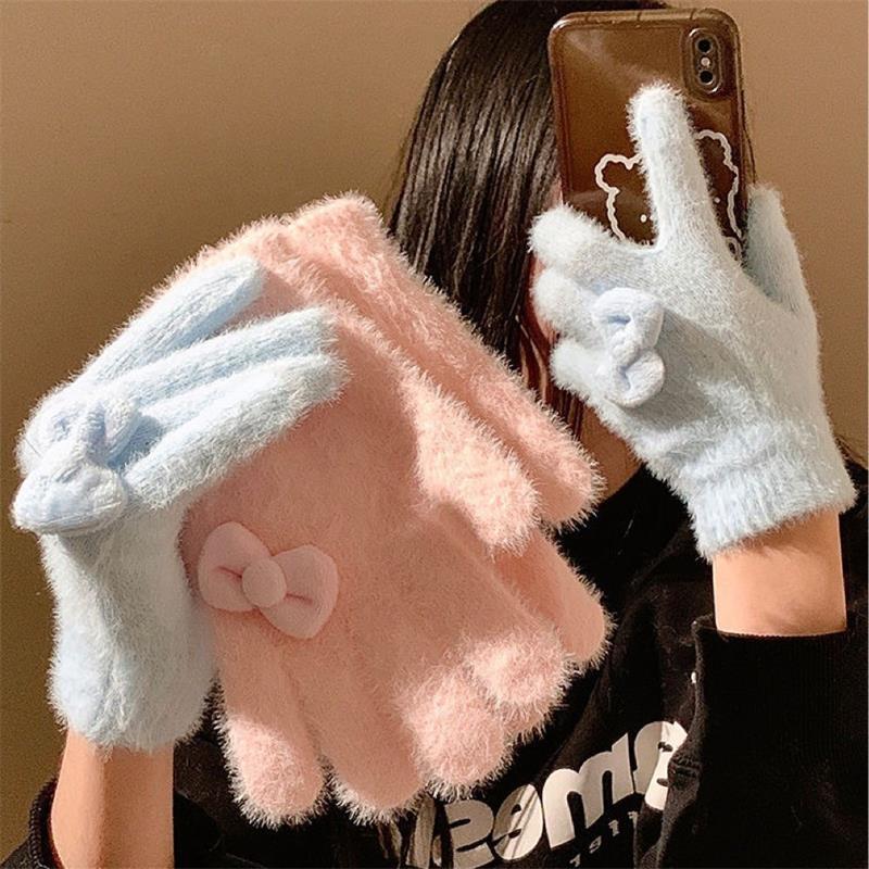 Cute Sweet Bow Plush Gloves Cold-Proof Gloves Student Winter Warm Five-Finger Gloves Women Fashion Accessories Christmas Gifts