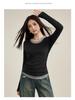 2025 Women's Slim Fit Black Lyocell Faux Two-Piece Long Sleeve T-Shirt