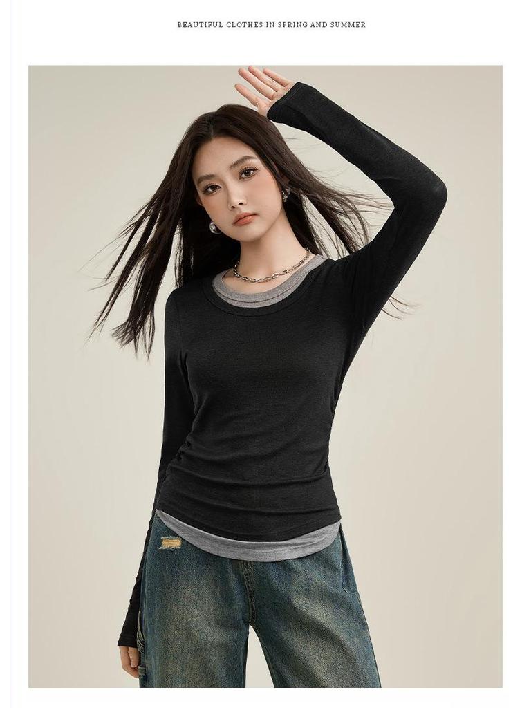 2025 Women's Slim Fit Black Lyocell Faux Two-Piece Long Sleeve T-Shirt