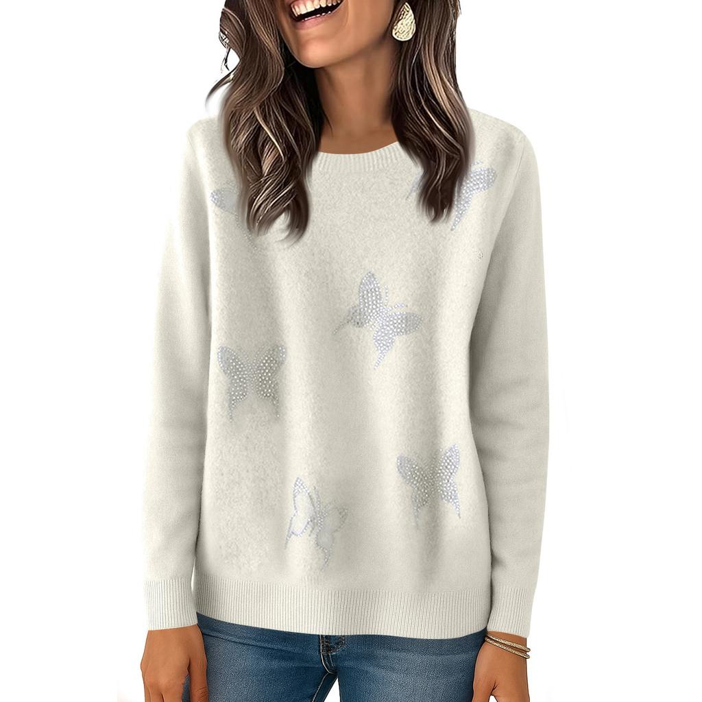 Women's Fashionable Solid Color Round Neck Long Sleeved Loose Base Shirt With Rhinestone Butterfly Knit Sweater Top