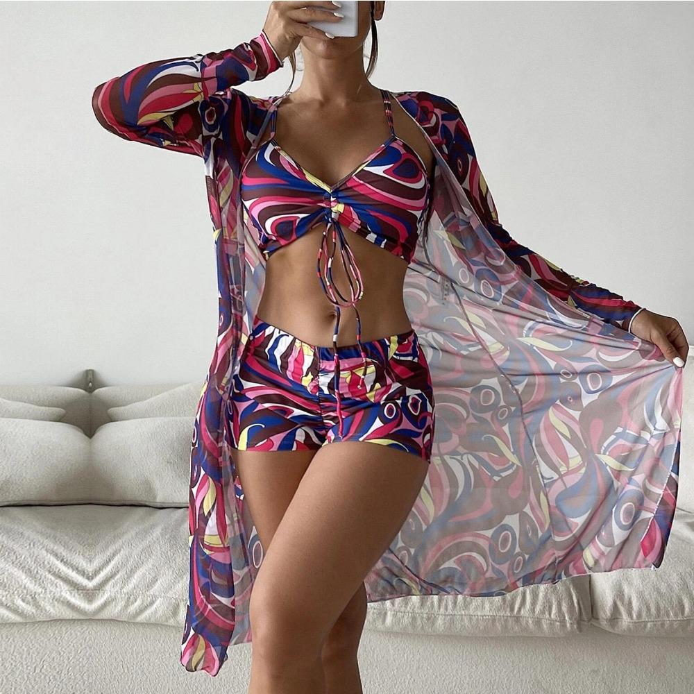 Swimsuit Women's Split Three Piece Set High Waist Long Sleeve Ins Overshirt Drawstring Printed Bikini Suits