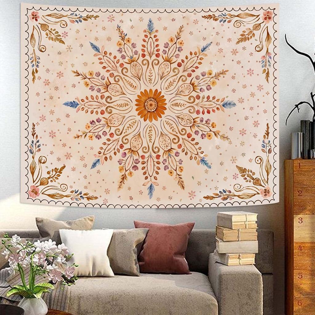 Boho Floral Mandala Tapestry For Bedroom Aesthetic Watercolor Bohemian Flower Wall Tapestry Brown Beige Hippie Indian Small